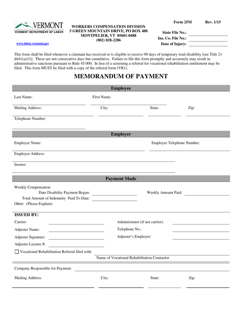 DOL Form 25M Memorandum of Payment - Vermont