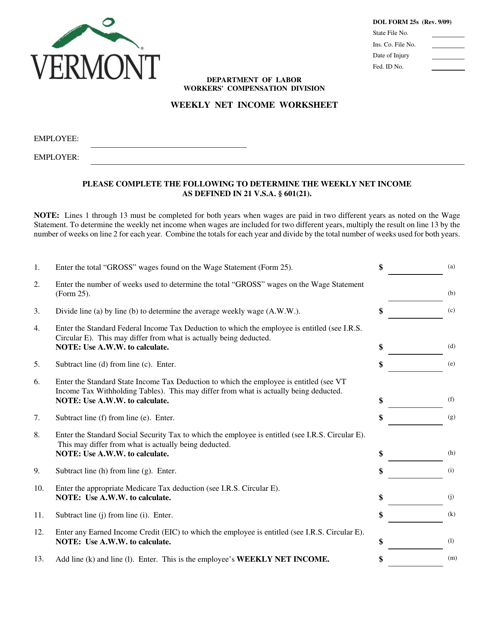 DOL Form 25S Weekly Net Income Worksheet - Vermont