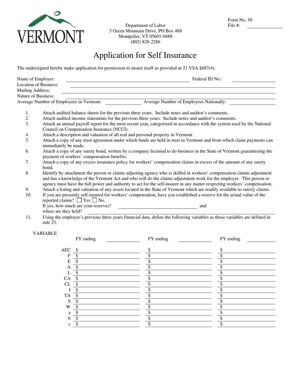 DOL Form 30 Application for Self Insurance - Vermont, Page 1