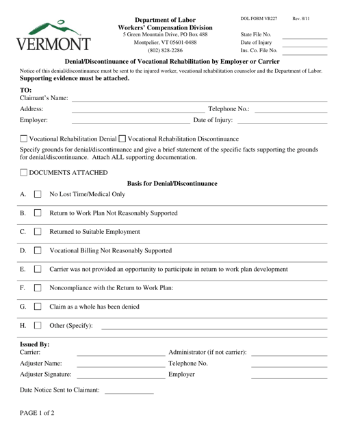 DOL Form VR227 Denial/Discontinuance of Vocational Rehabilitation by Employer or Carrier - Vermont