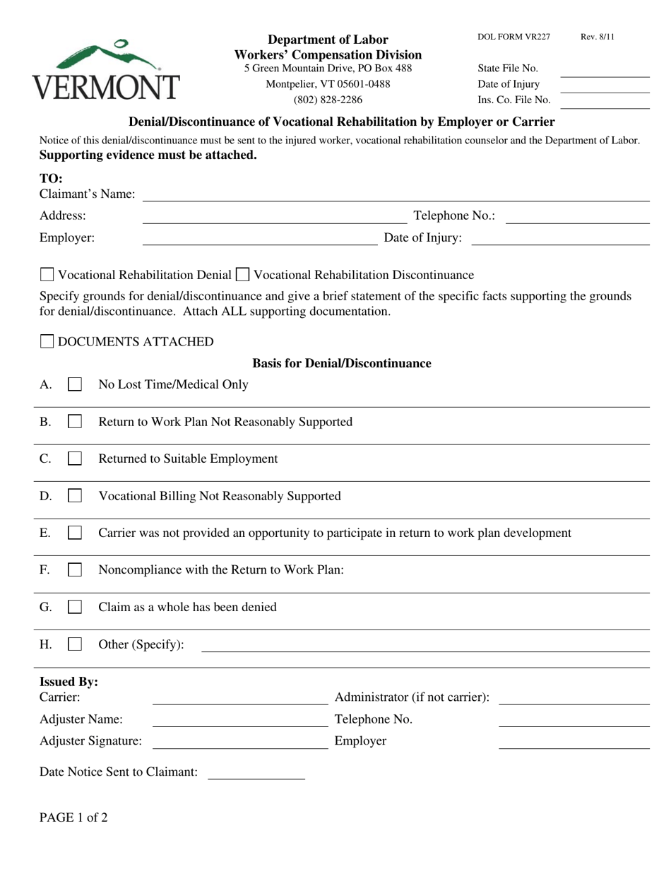 DOL Form VR227 Denial / Discontinuance of Vocational Rehabilitation by Employer or Carrier - Vermont, Page 1