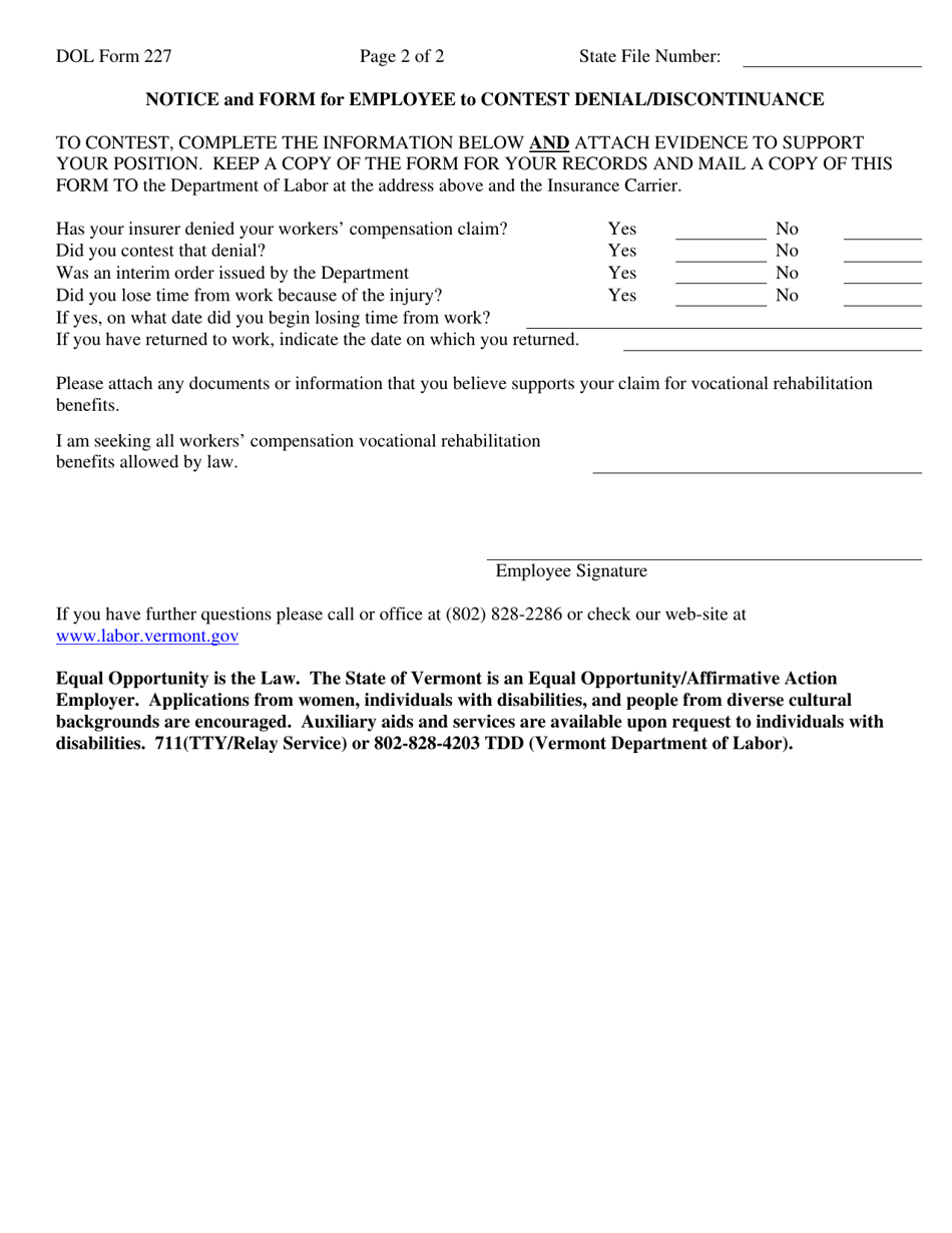 DOL Form VR227 Denial / Discontinuance of Vocational Rehabilitation by Employer or Carrier - Vermont, Page 2