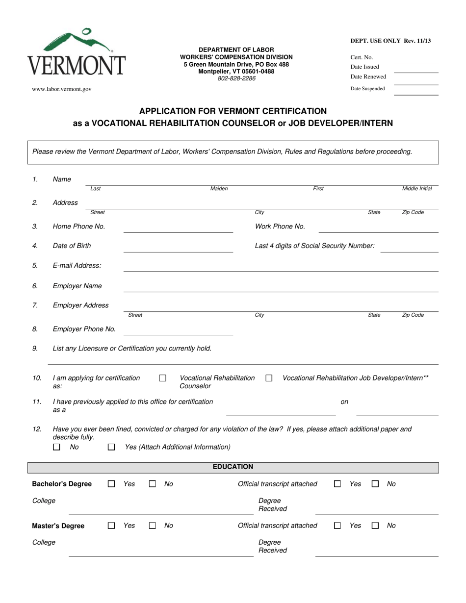 Application for Vermont Certification as a Vocational Rehabilitation Counselor or Job Developer / Intern - Vermont, Page 1