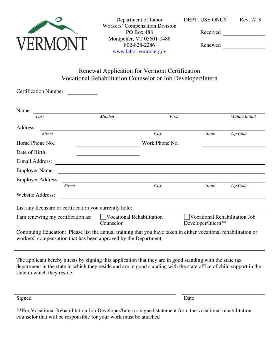 Renewal Application for Vermont Certification Vocational Rehabilitation Counselor or Job Developer / Intern - Vermont, Page 1