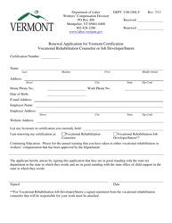 Document preview: Renewal Application for Vermont Certification Vocational Rehabilitation Counselor or Job Developer/Intern - Vermont