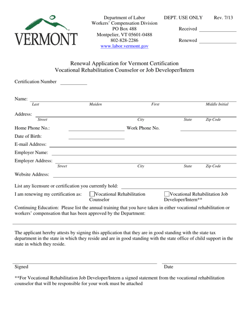 Renewal Application for Vermont Certification Vocational Rehabilitation Counselor or Job Developer / Intern - Vermont Download Pdf