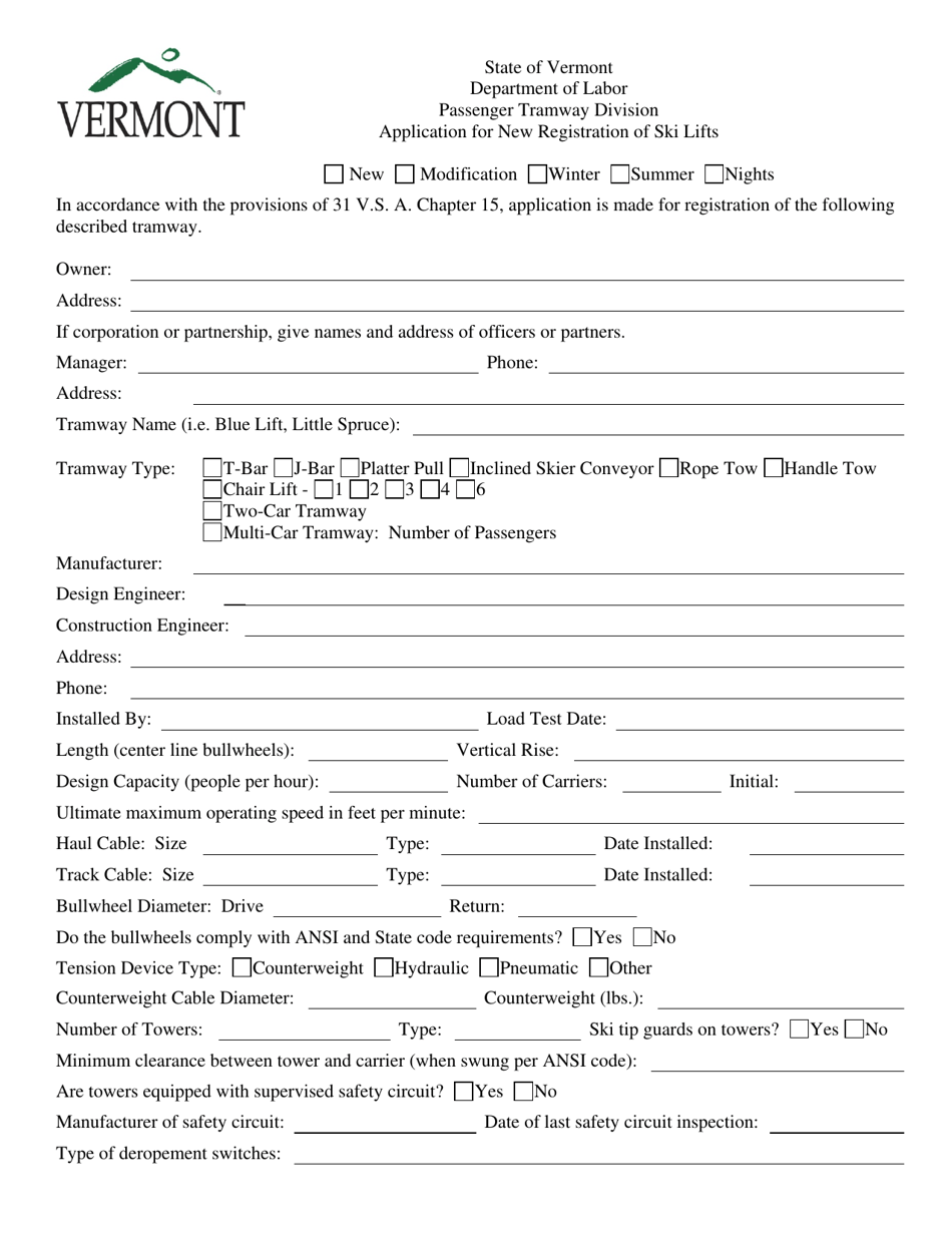 Vermont Application for New Registration of Ski Lifts Fill Out, Sign