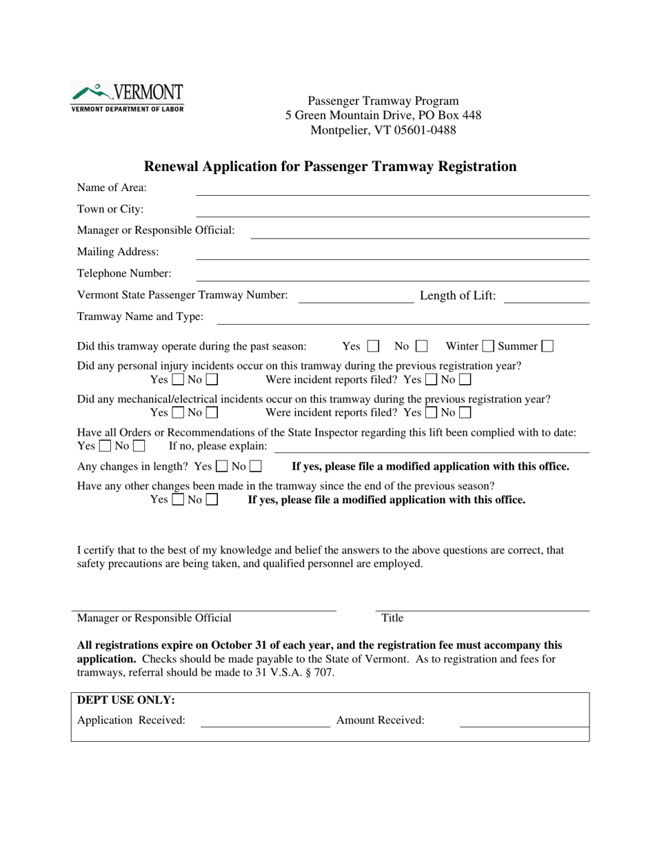 Renewal Application for Passenger Tramway Registration - Vermont, Page 1