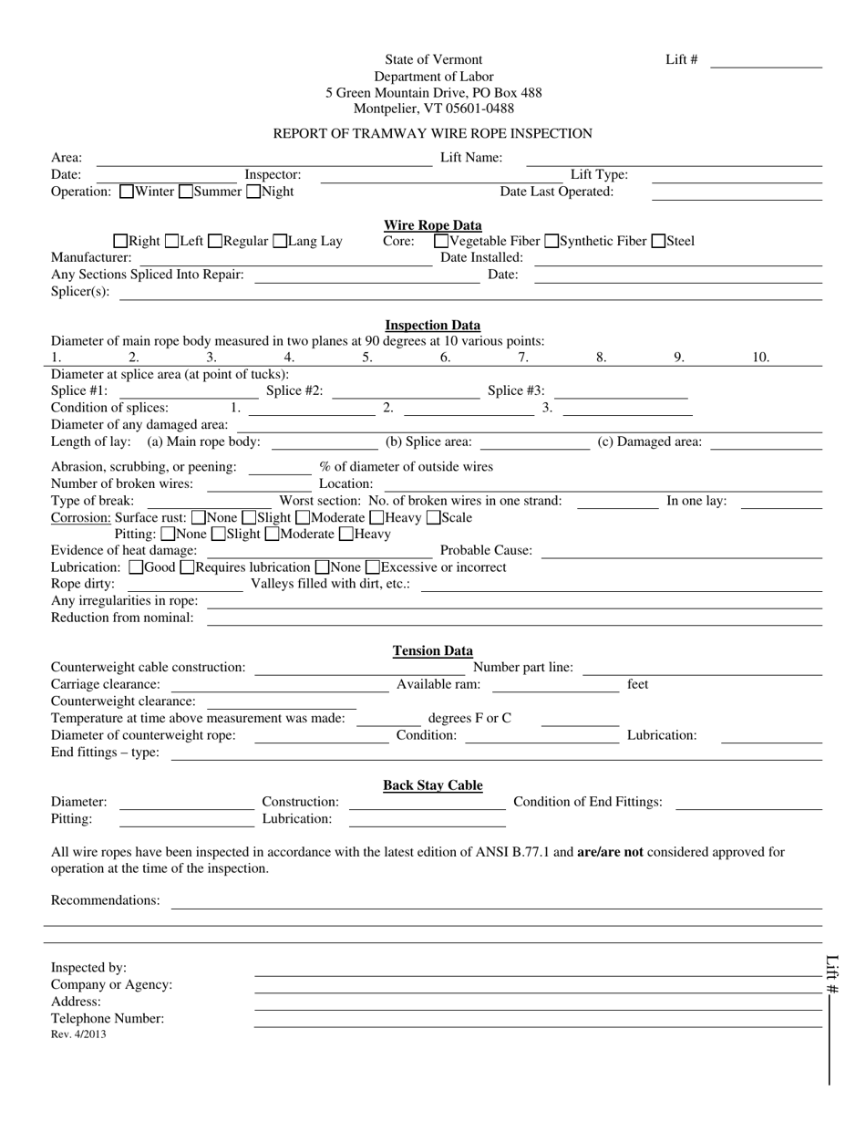 Vermont Report of Tramway Wire Rope Inspection Fill Out, Sign Online