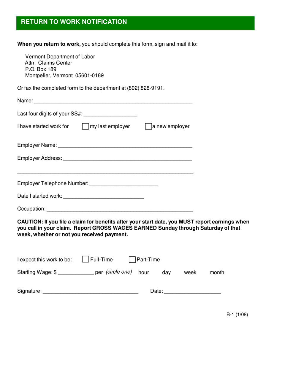 DOL Form B-1 Return to Work Notification - Vermont, Page 1