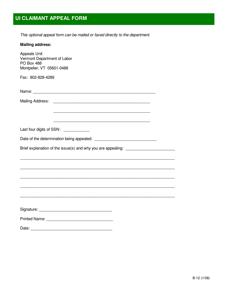 DOL Form B-12 Ui Claimant Appeal Form - Vermont, Page 1