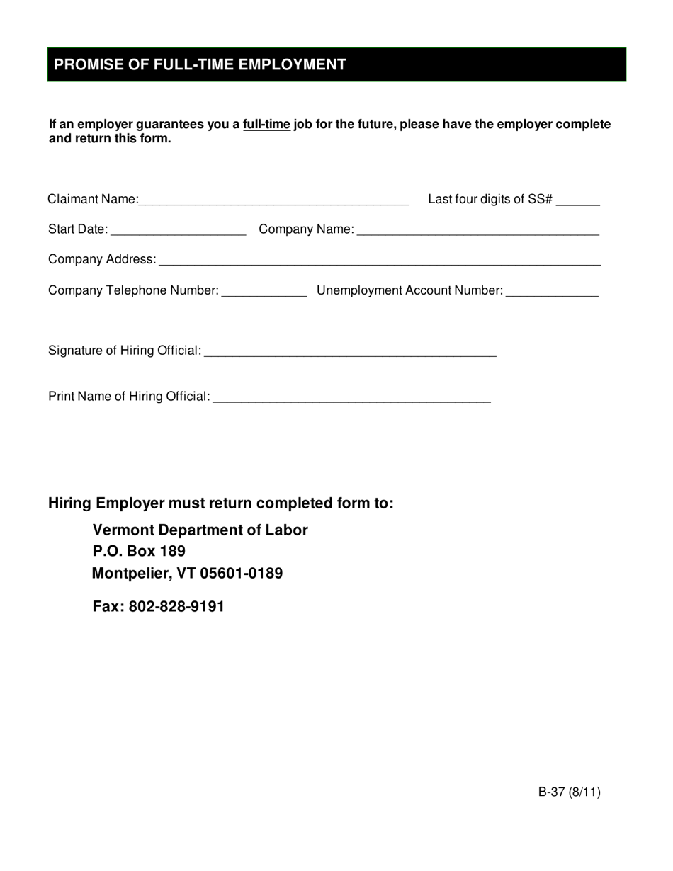 DOL Form B-37 Promise of Full-Time Employment - Vermont, Page 1