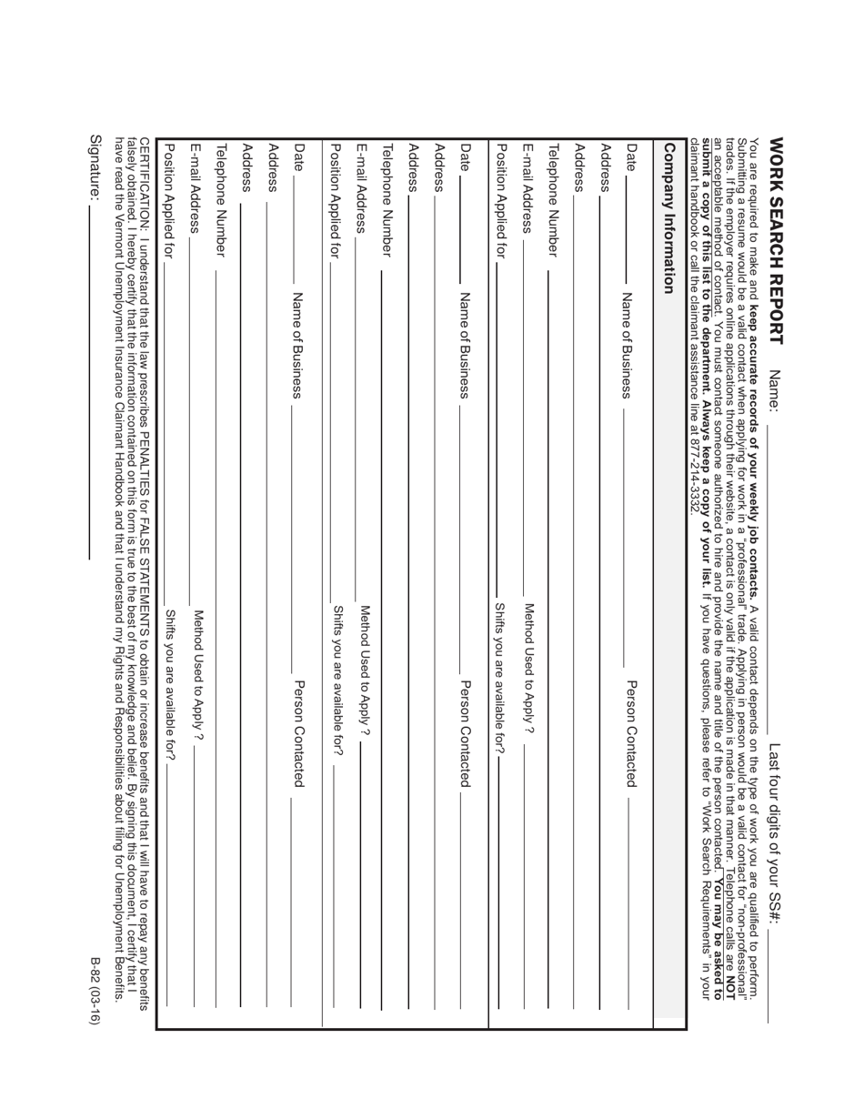 DOL Form B-82 Work Search Report - Vermont, Page 1
