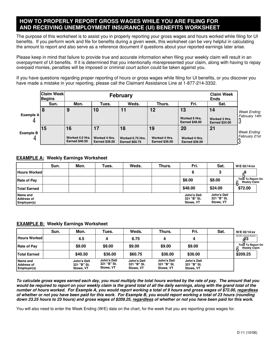 Form D-11 Properly Report Gross Wages - Vermont, Page 1