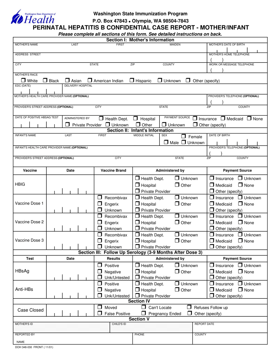 DOH Form 348-030 Perinatal Hepatitis B Confidential Case Report - Mother / Infant - Washington, Page 1
