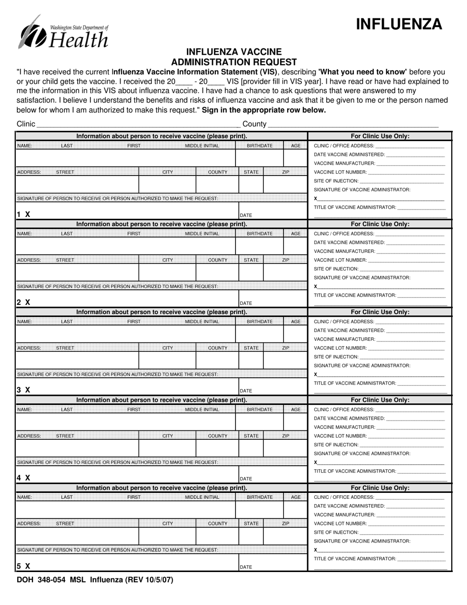 DOH Form 348-054 Influenza Vaccine Administration Request - Washington, Page 1