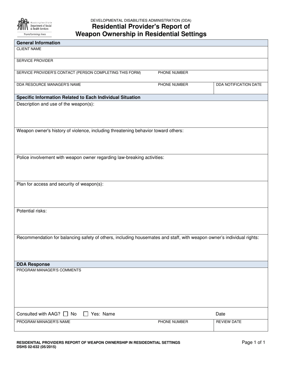 DSHS Form 02-632 Residential Providers Report of Weapon Ownership in Residential Settings - Washington, Page 1