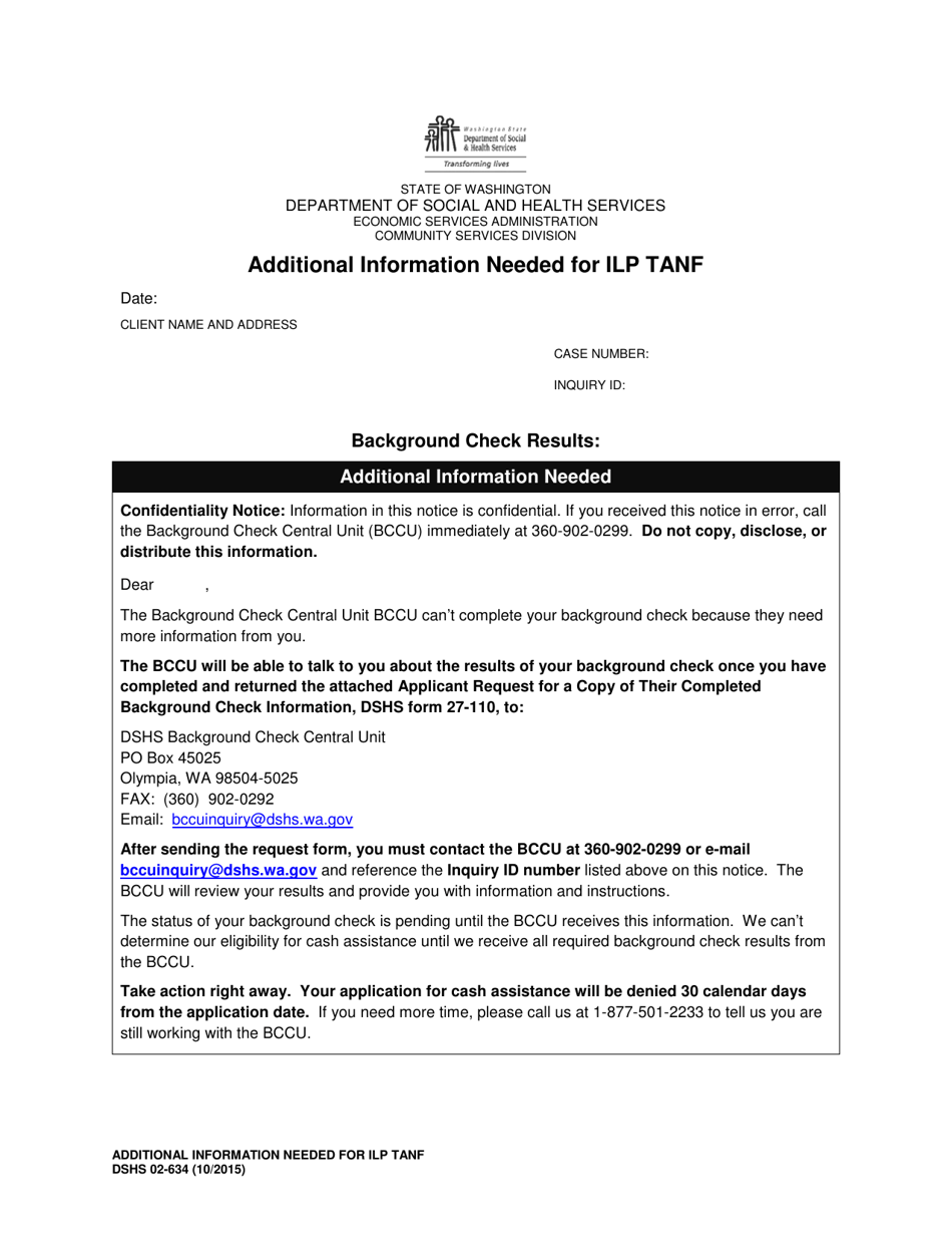 DSHS Form 02-634 Additional Information Needed for ILP Tanf - Washington, Page 1