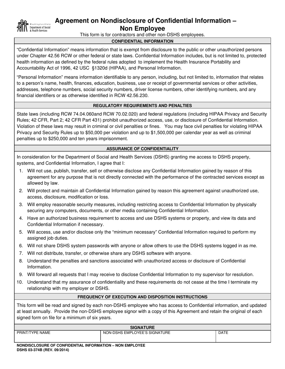 DSHS Form 03-374B Agreement on Nondisclosure of Confidential Information  Non Employee - Washington, Page 1