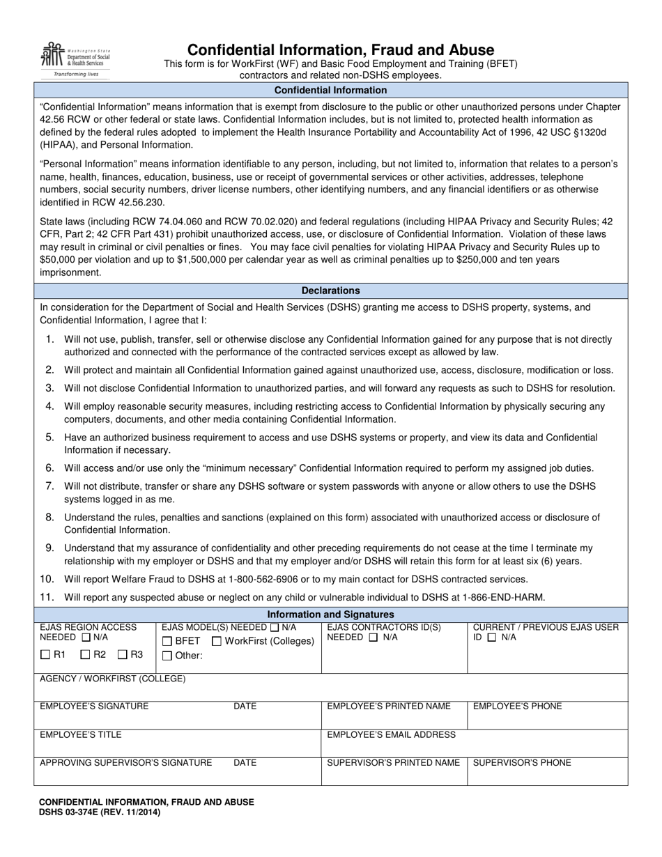 DSHS Form 03-374E Confidential Information, Fraud and Abuse - Washington, Page 1