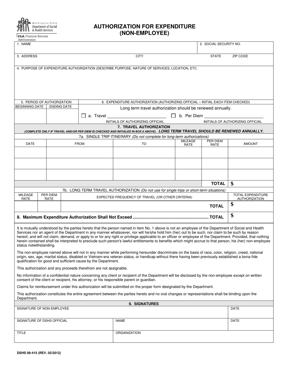 DSHS Form 09-415 Authorization for Expenditure (Non-employee) - Washington, Page 1