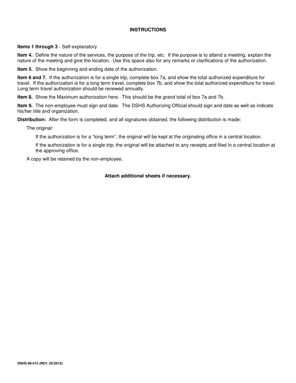 DSHS Form 09-415 Authorization for Expenditure (Non-employee) - Washington, Page 2