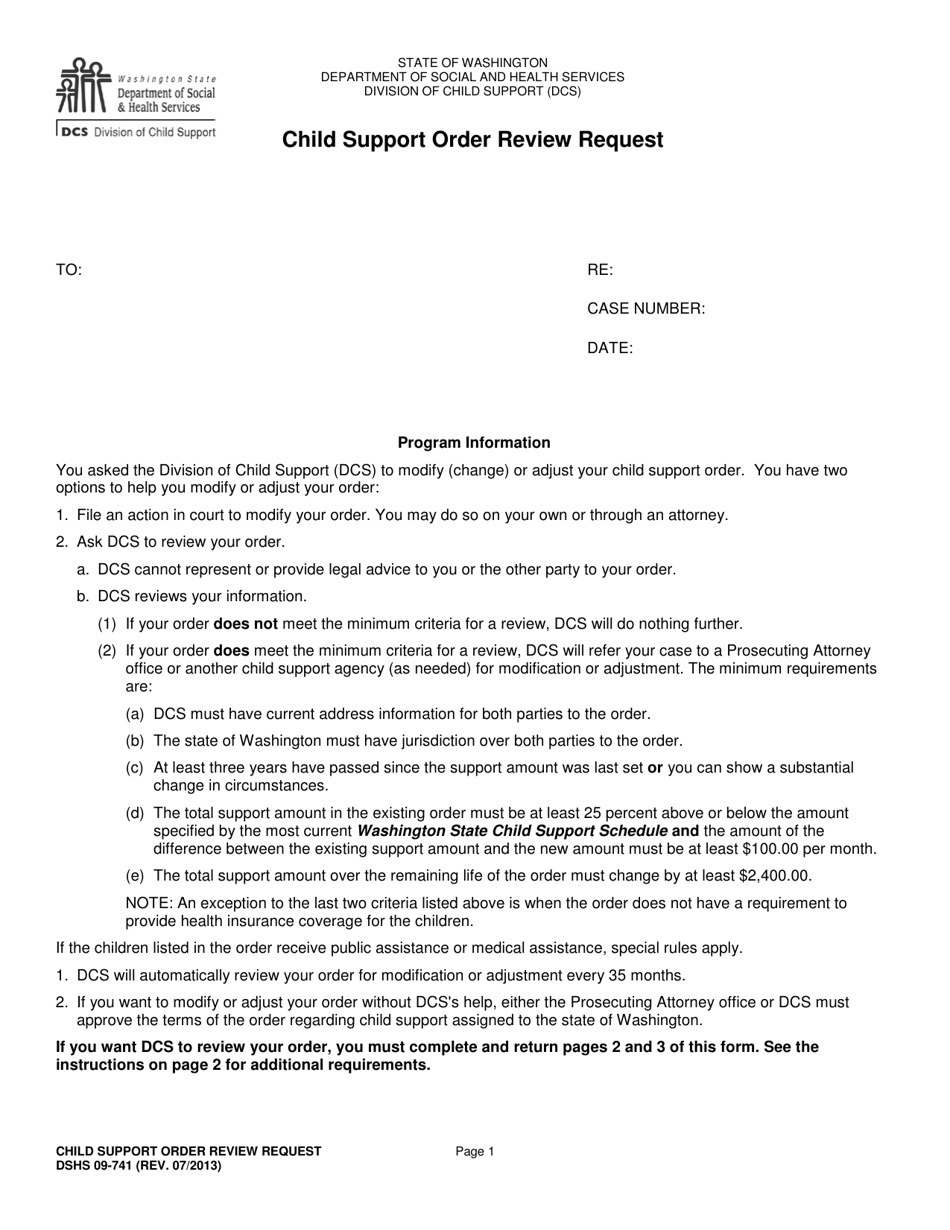DSHS Form 09-741 Child Support Order Review Request - Washington, Page 1