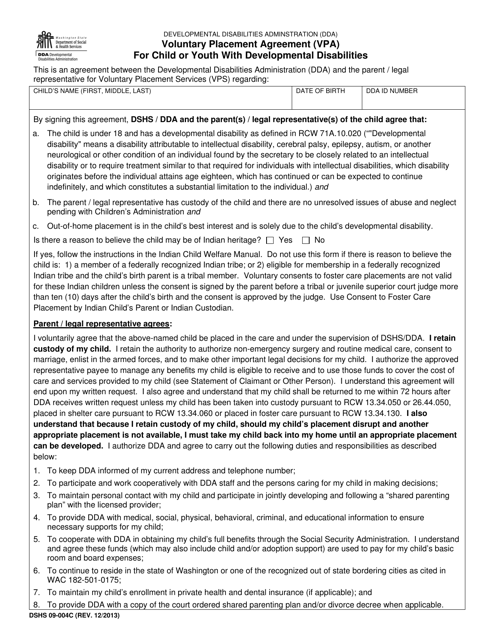 DSHS Form 09-004C Voluntary Placement Agreement for Child or Youth With Developmental Disabilities - Washington