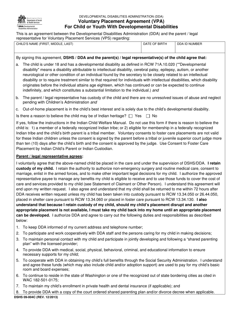 DSHS Form 09-004C Voluntary Placement Agreement for Child or Youth With Developmental Disabilities - Washington, Page 1
