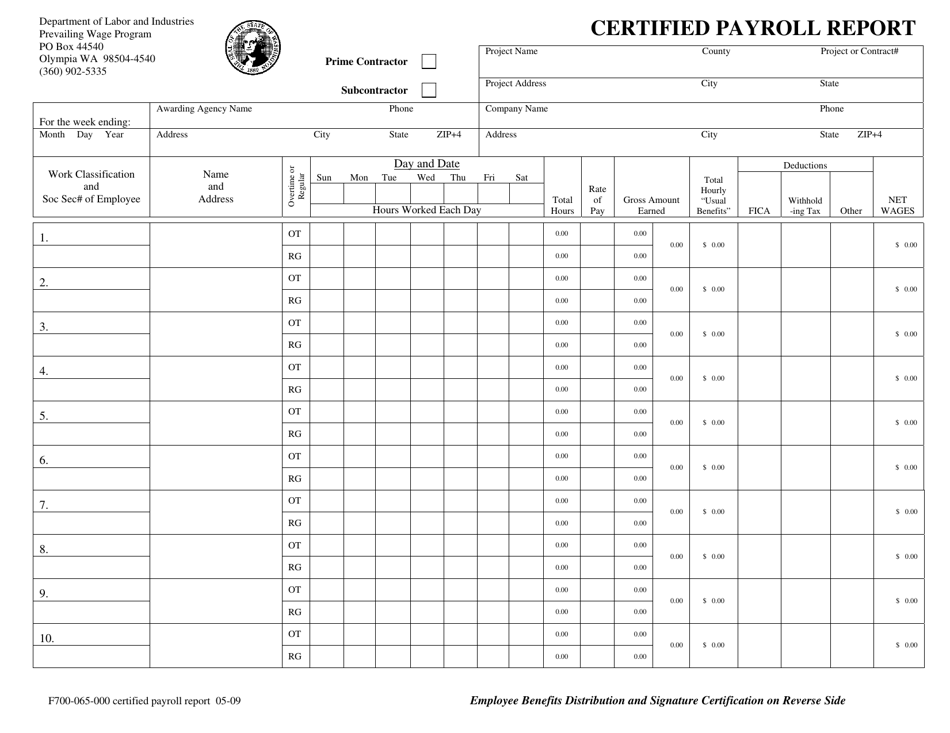 Form F700-065-000 Certified Payroll Report - Washington, Page 1