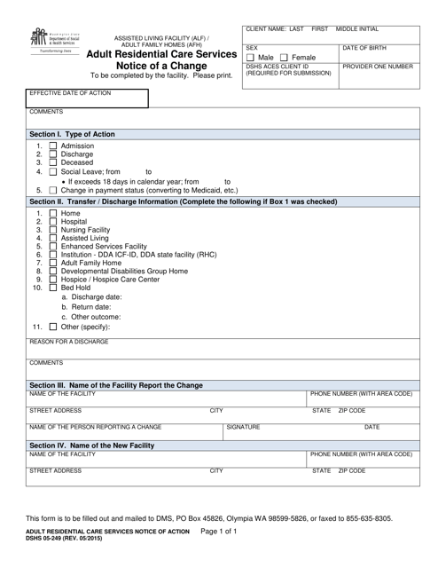 DSHS Form 05-249 Adult Residential Care Services Notice of a Change - Washington