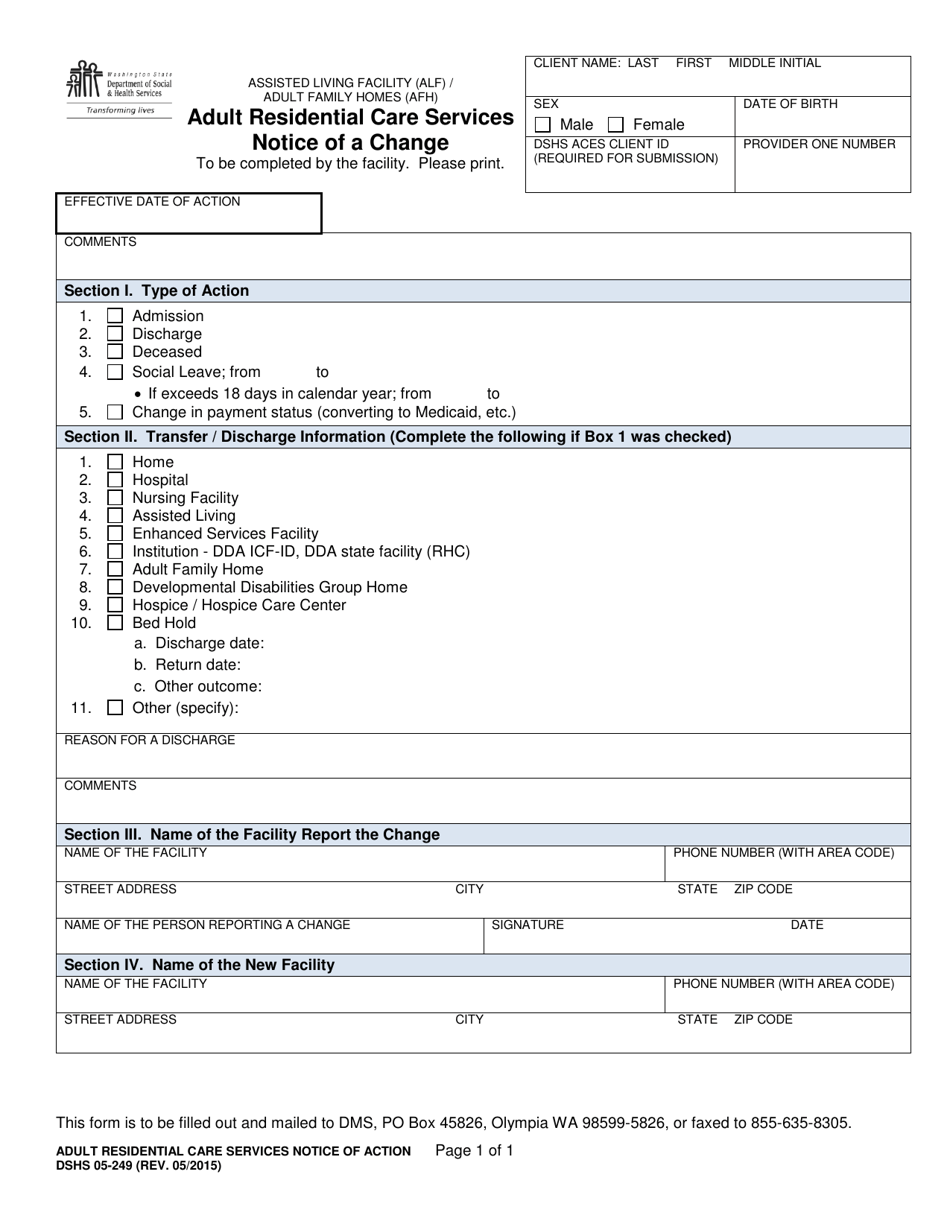 DSHS Form 05-249 Adult Residential Care Services Notice of a Change - Washington, Page 1