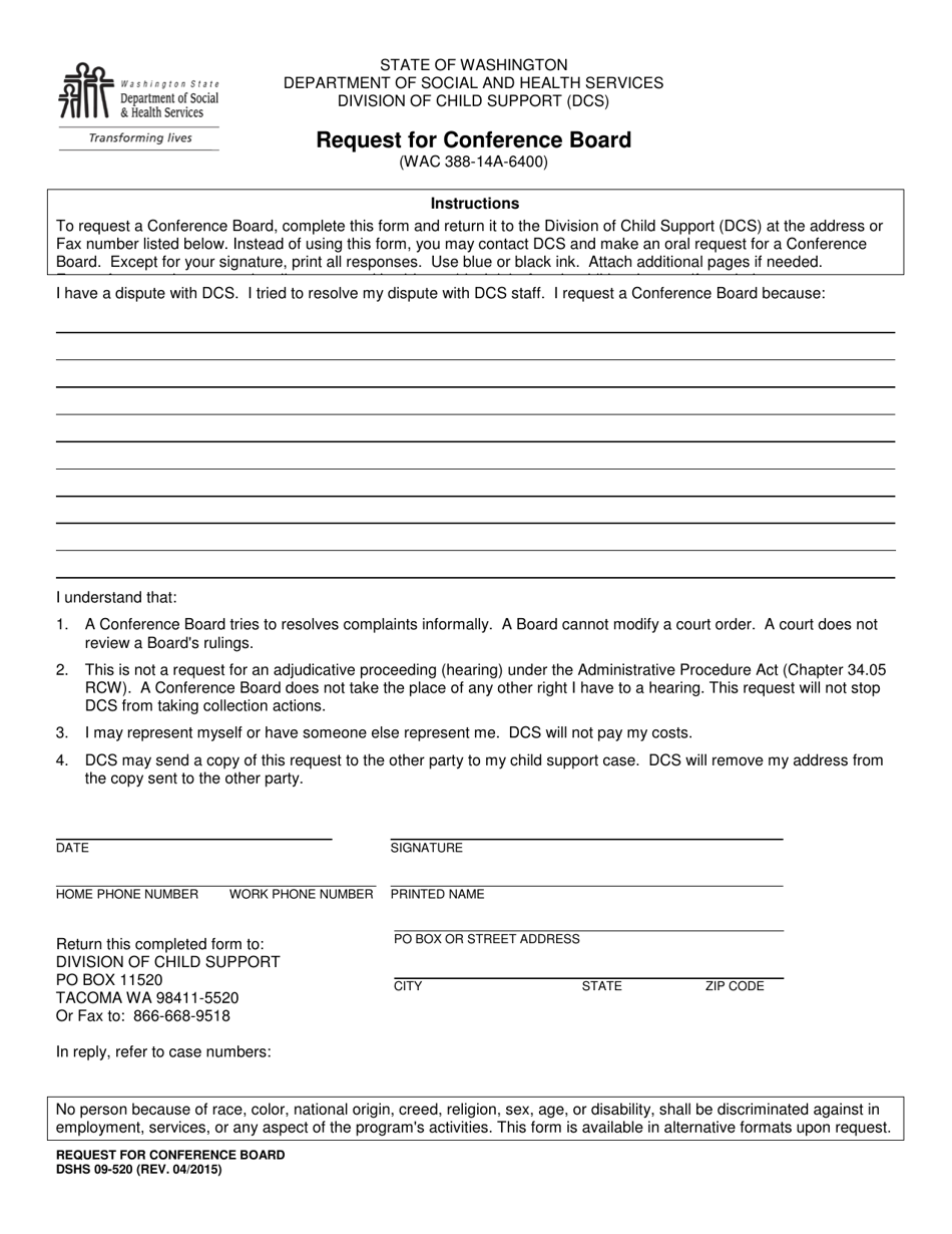 DSHS Form 09-520 Request for Conference Board - Washington, Page 1