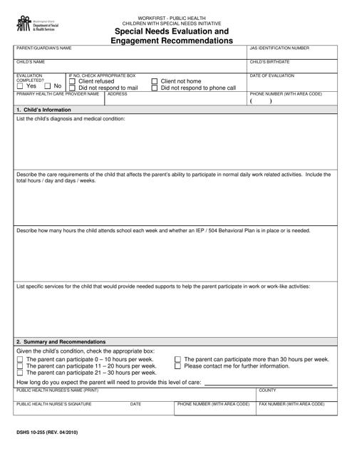 DSHS Form 10-255 Public Health Nurse (Phn) Summary and Recommendations - Washington
