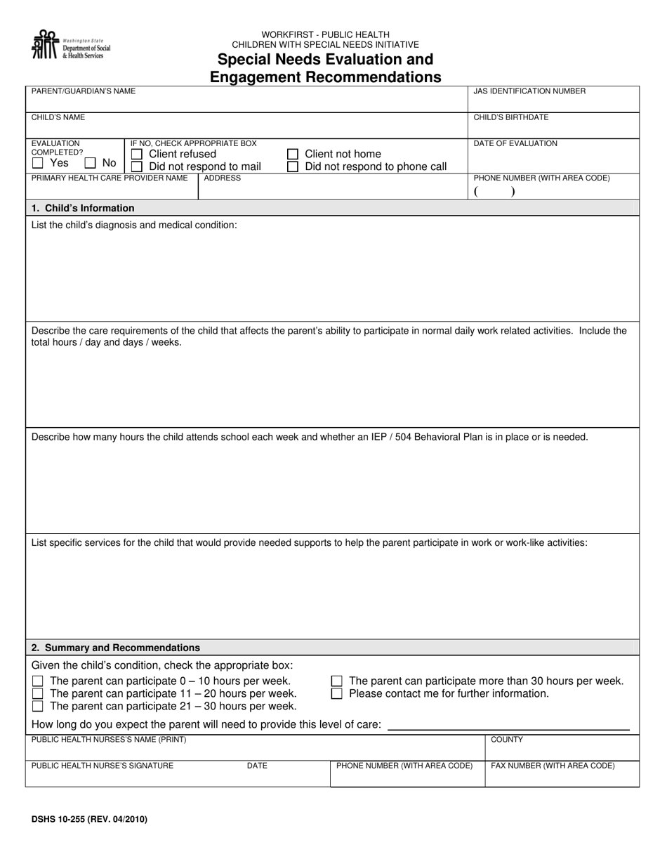 DSHS Form 10-255 Public Health Nurse (Phn) Summary and Recommendations - Washington, Page 1