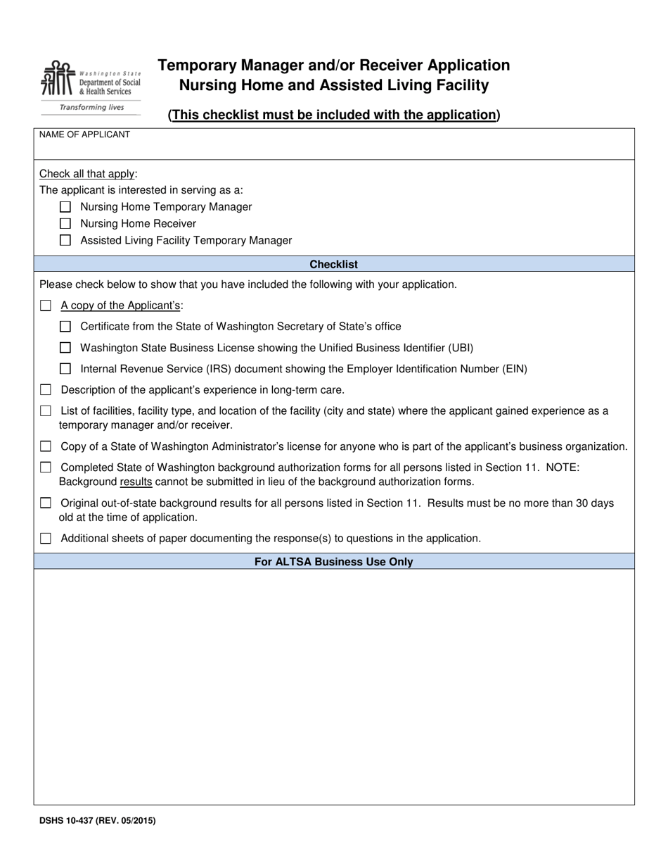DSHS Form 10-437 Temporary Manager and / or Receiver Application Nursing Home and Assisted Living Facility - Washington, Page 2