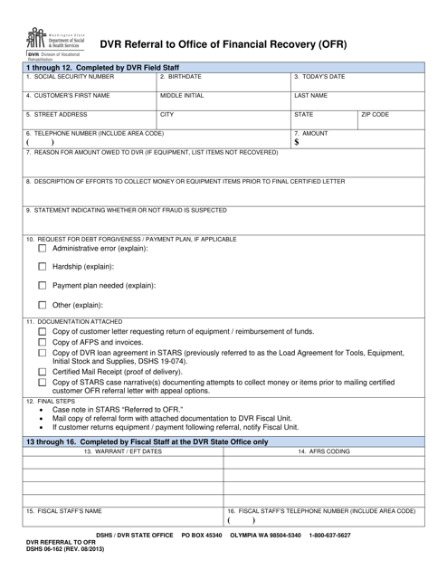 DSHS Form 06-162 Dvr Referral to Office of Financial Recovery (Ofr) - Washington