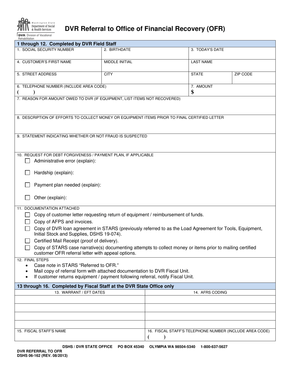 DSHS Form 06-162 Dvr Referral to Office of Financial Recovery (Ofr) - Washington, Page 1