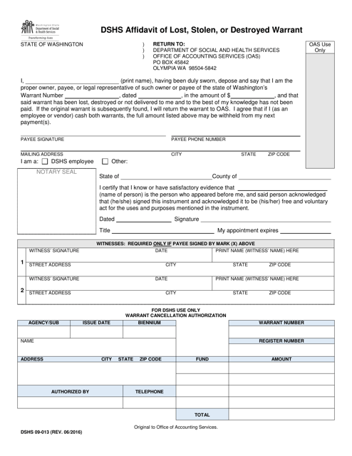 DSHS Form 09-013 Vendor Affidavit of Lost, Stolen, or Destroyed Warrant - Washington