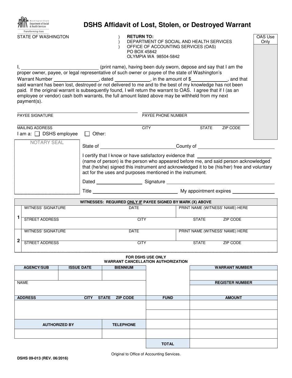 DSHS Form 09-013 Vendor Affidavit of Lost, Stolen, or Destroyed Warrant - Washington, Page 1