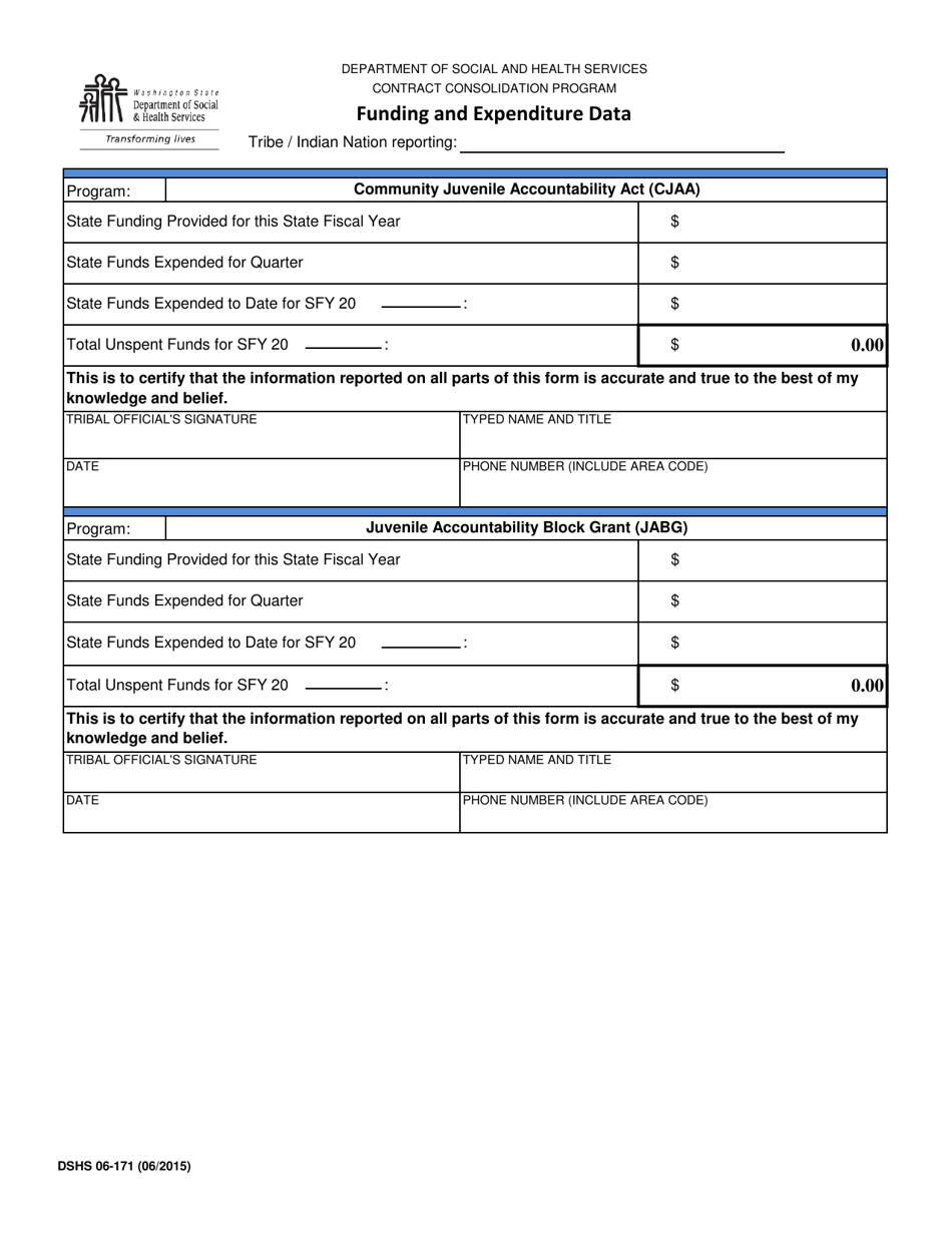 DSHS Form 06-171 Funding and Expenditure Data - Washington, Page 1