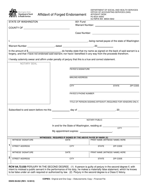 DSHS Form 09-052 Affidavit of Forged Endorsement - Washington