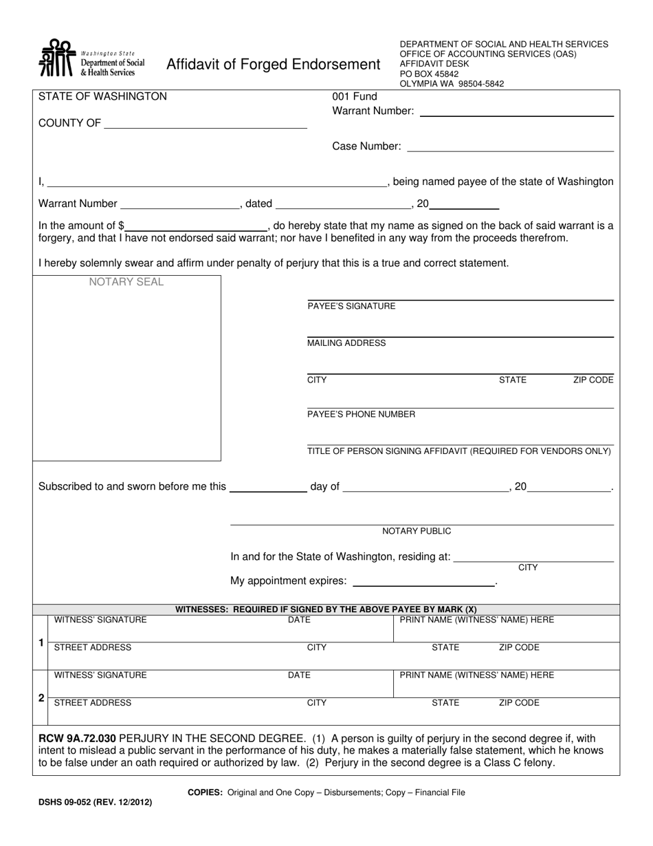 DSHS Form 09-052 Download Printable PDF or Fill Online Affidavit of ...