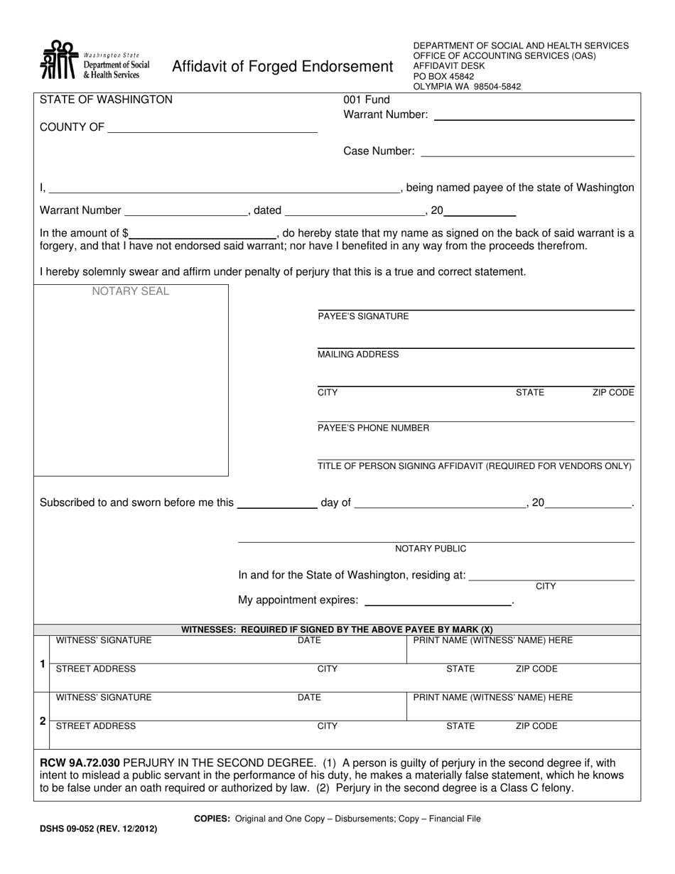 DSHS Form 09-052 Affidavit of Forged Endorsement - Washington, Page 1