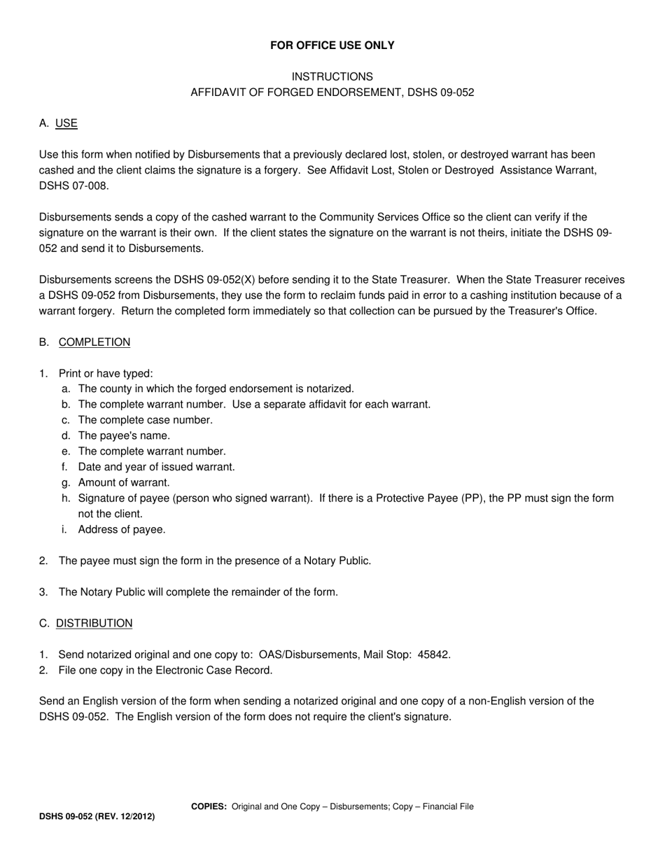 DSHS Form 09-052 Affidavit of Forged Endorsement - Washington, Page 2