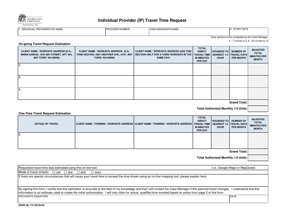 DSHS Form 06-175 Individual Provider (Ip) Travel Time Request - Washington, Page 1