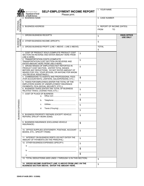 DSHS Form 07-042B Self-employment Income Report - Washington