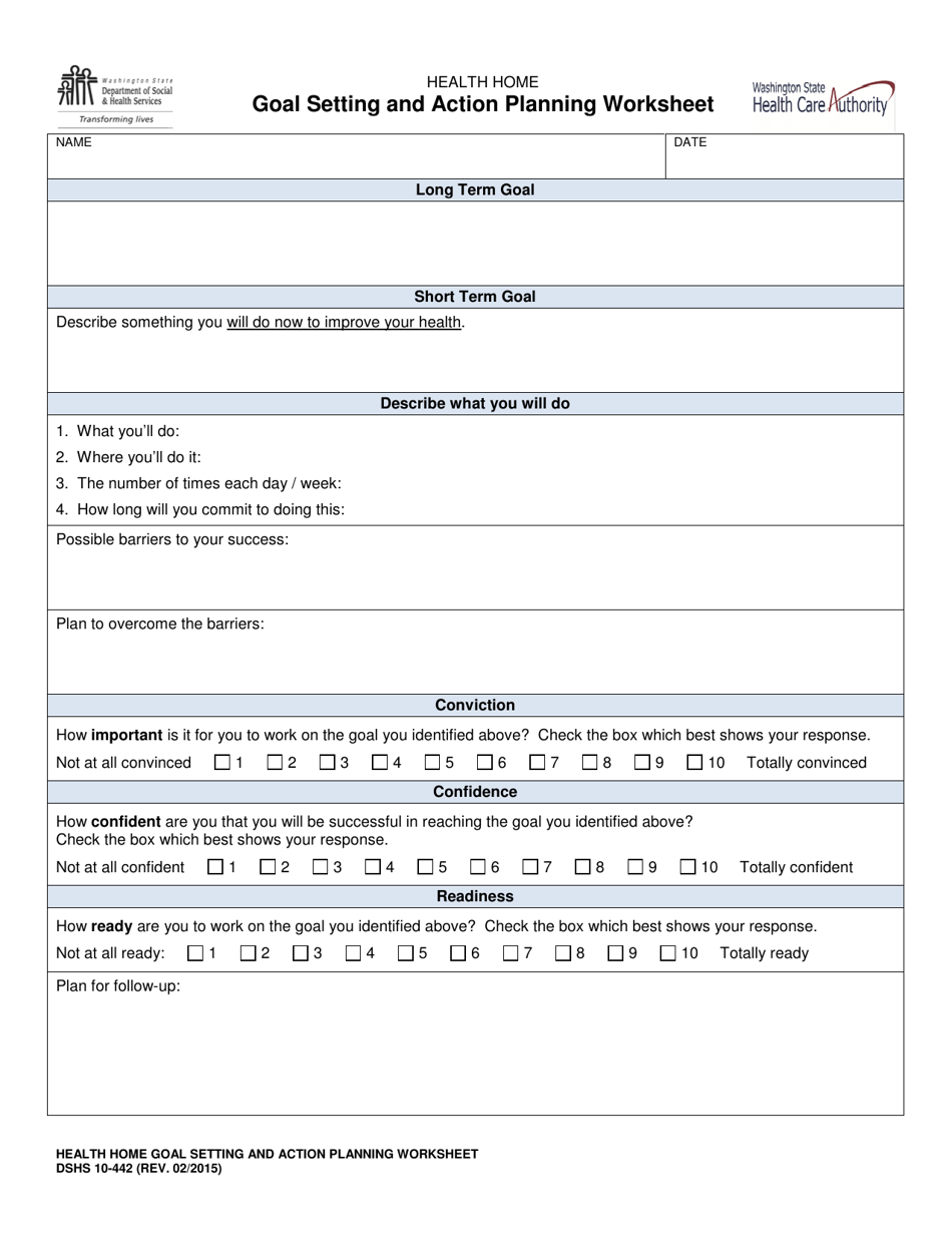 DSHS Form 10-442 Goal Setting and Action Planning Worksheet - Washington, Page 1