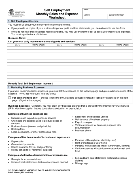 DSHS Form 07-098 Self Employment Monthly Sales and Expense Worksheet - Washington