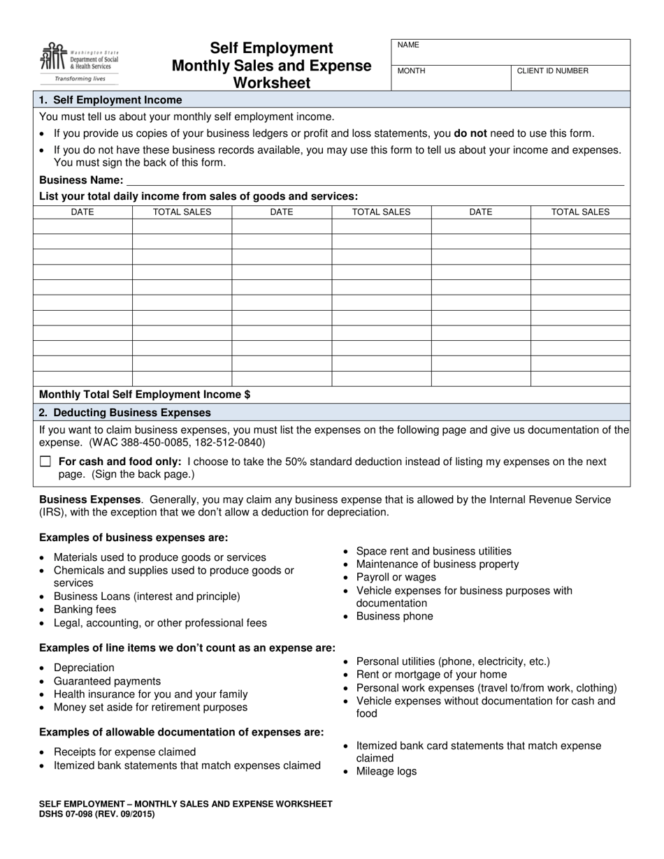 DSHS Form 07-098 Self Employment Monthly Sales and Expense Worksheet - Washington, Page 1